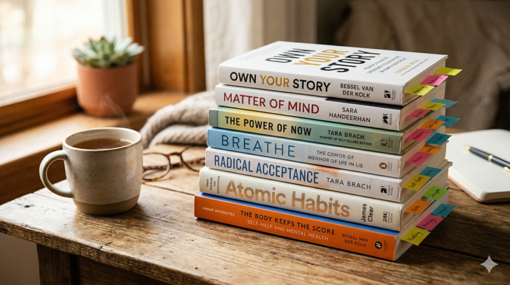 Stack of self-help and mental health books with sticky note bookmarks, warm natural light